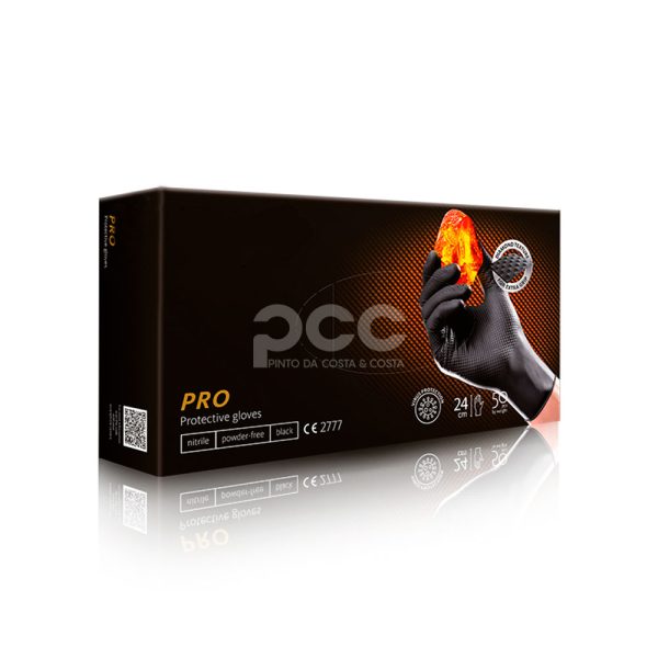 Luvas de nitrilo pretas descartáveis com superfície antiderrapante, indicadas para uso profissional em oficinas e ambientes industriais.