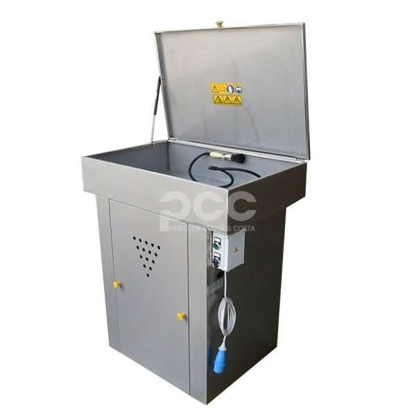 Máquina de limpeza de peças Top Cleaner 900 manual e compacta, com cuba metálica e bomba pneumática para uso oficinal simples.