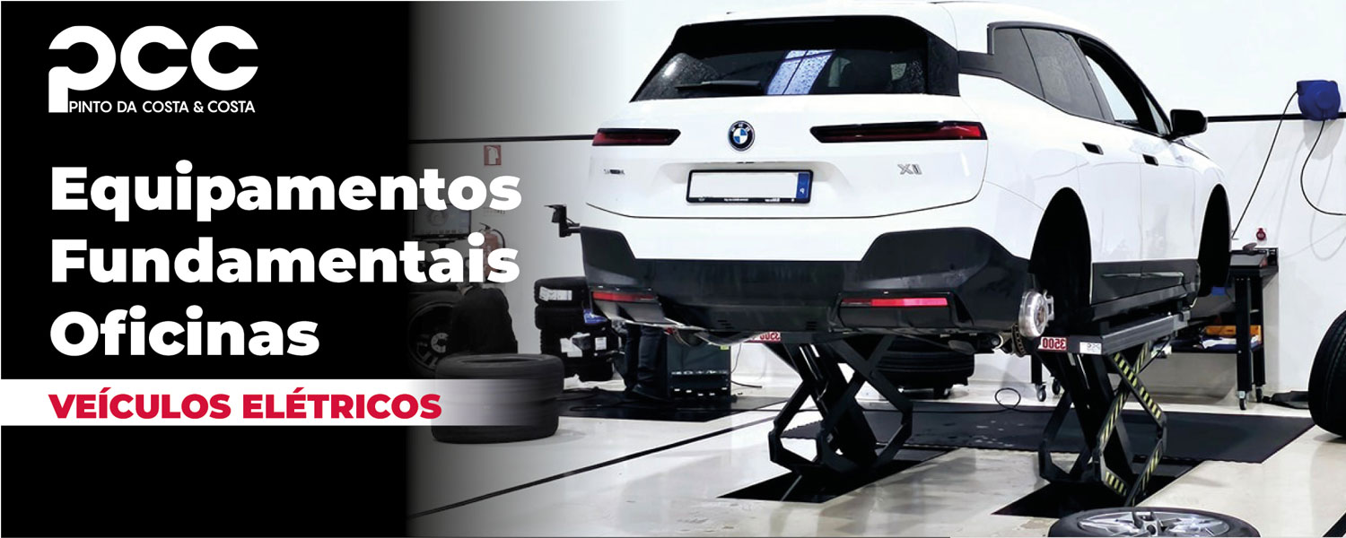 Oficina equipada para manutenção e reparação de veículos eléctricos, com elevadores de 2 colunas adaptados e equipamentos profissionais