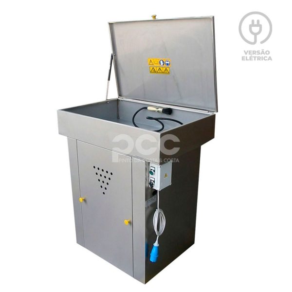 Máquina de limpeza de peças Top Cleaner 900 manual e compacta, com cuba metálica e bomba elétrica para uso oficinal simples.