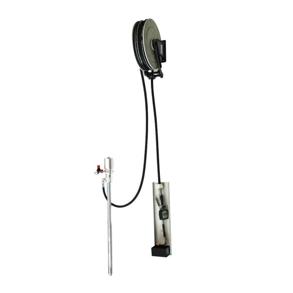 Sistema de distribuição de óleo de parede com bomba 5:1, enrolador e pistola com contador