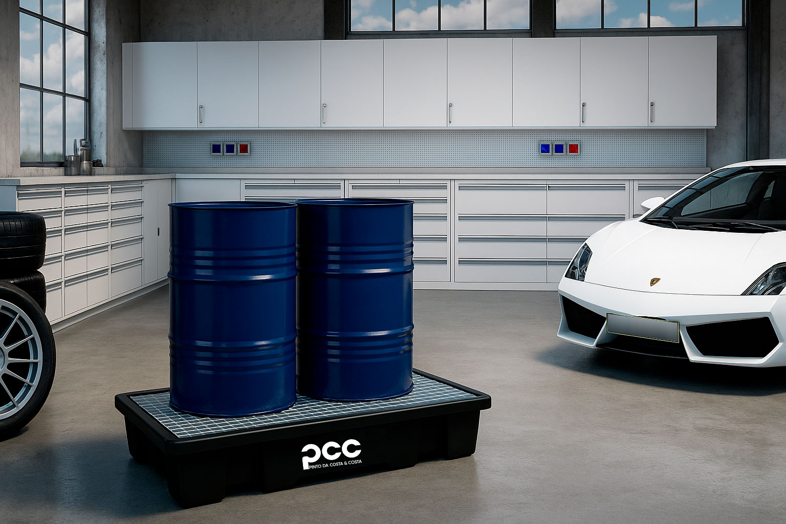 Bacia de retenção com bidões de óleo numa oficina mecânica