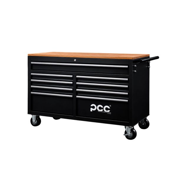 Carrinho de ferramentas PCC com tampo em madeira e 9 gavetas para oficina profissional.