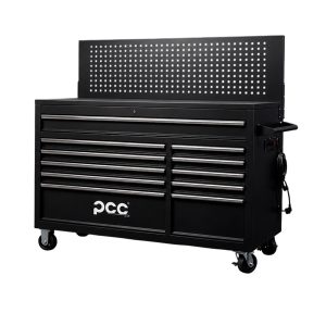 Carrinho de ferramentas PCC com painel perfurado, 11 gavetas e tomada elétrica 220V para oficina profissional.