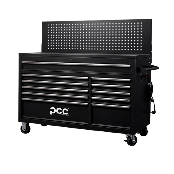 Carrinho de ferramentas PCC com painel perfurado, 11 gavetas e tomada elétrica 220V para oficina profissional.