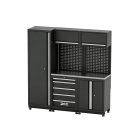 Mobiliário modular S PCC modelo S em aço preto com armários, gavetas, painel perfurado e bancada de trabalho para oficina profissional.