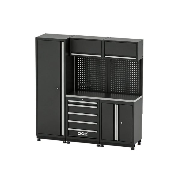 Mobiliário modular S PCC modelo S em aço preto com armários, gavetas, painel perfurado e bancada de trabalho para oficina profissional.