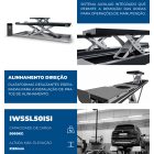 Imagem que destaca os principais pontos fortes do elevador tesoura para alinhamento de direção de 5000 kg, incluindo sistema de dupla elevação, elevada capacidade de carga, precisão, segurança e robustez para oficinas automóveis.