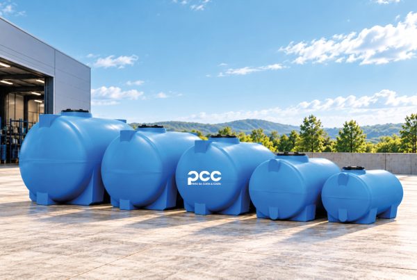 Depósitos de água horizontais em polietileno azul, de diferentes capacidades, apresentados numa área exterior industrial.